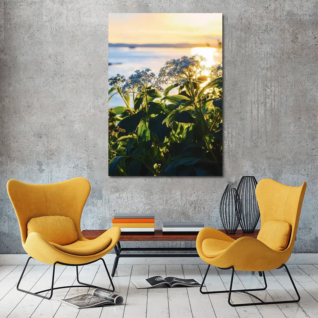 Blue Wildflowers Glowing Coastal Sunset Scene – Wall Art