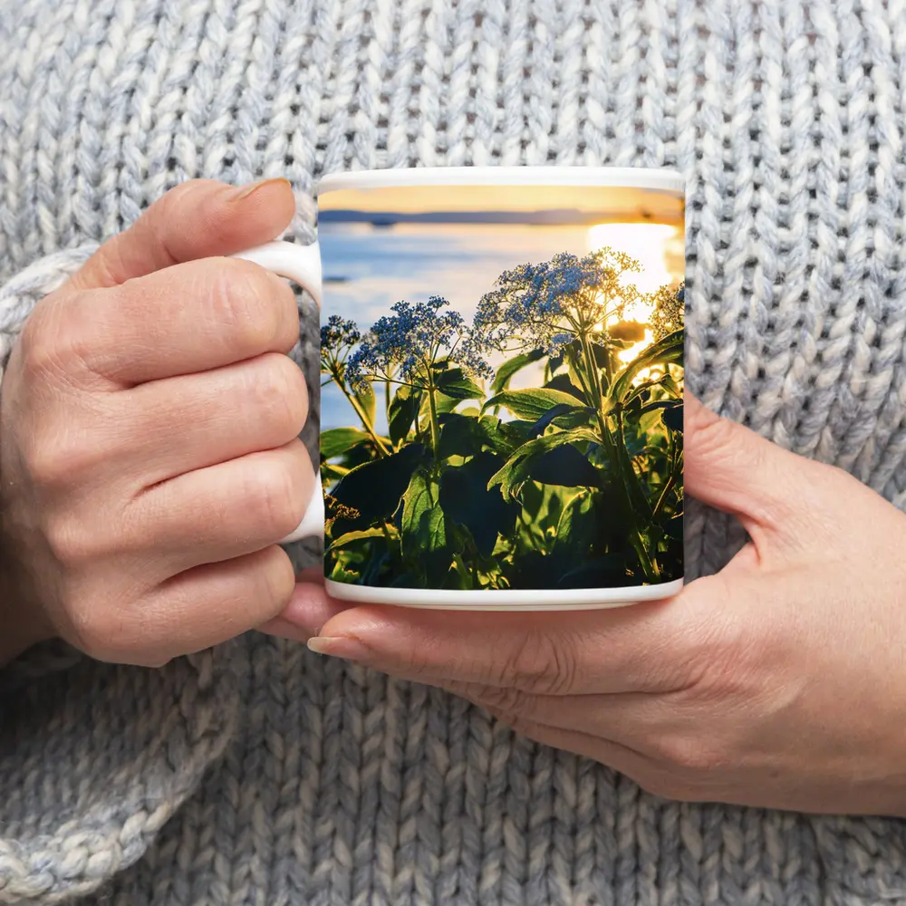Blue Wildflowers Glowing Coastal Sunset Scene – Mugs