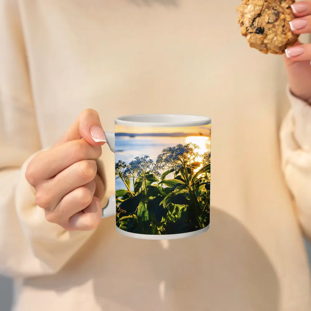 Blue Wildflowers Glowing Coastal Sunset Scene – Mugs