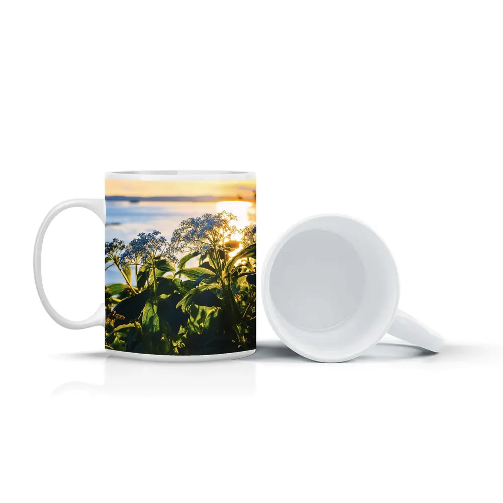 Blue Wildflowers Glowing Coastal Sunset Scene – Mugs