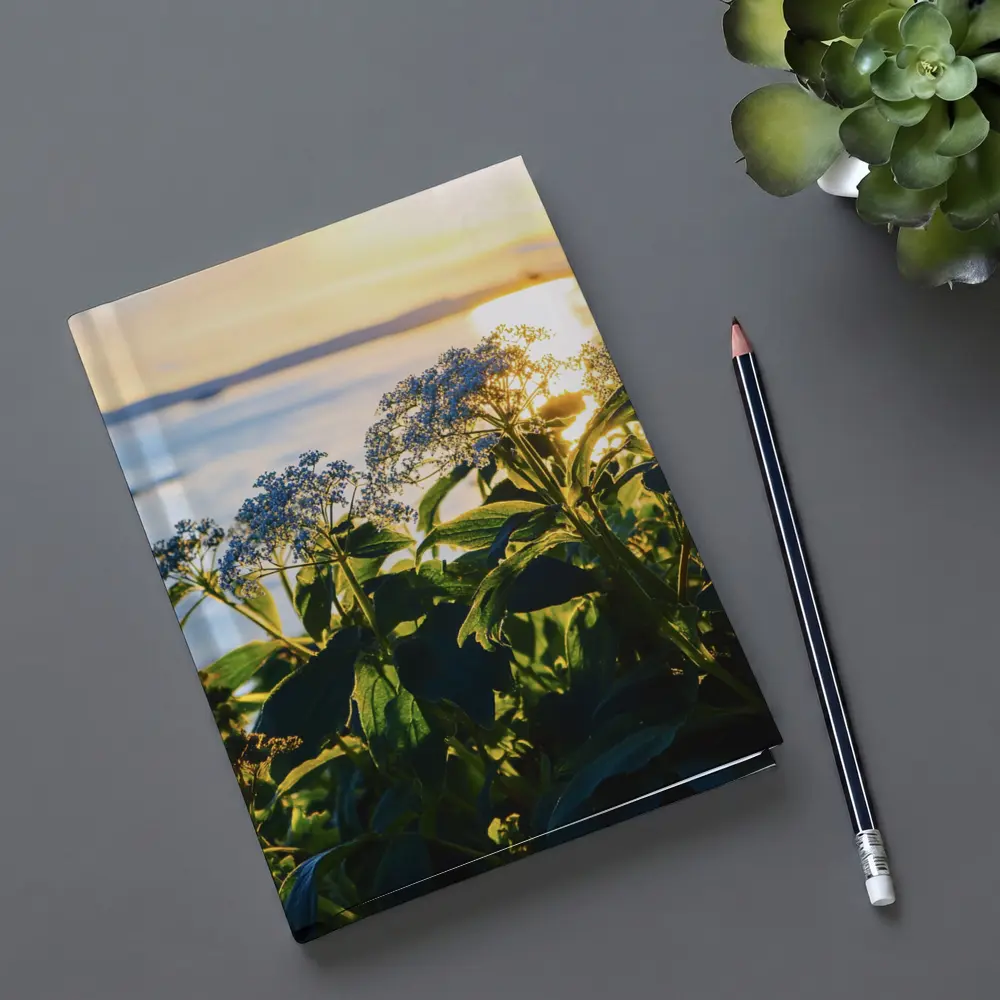 Blue Wildflowers Glowing Coastal Sunset Scene – Notebooks