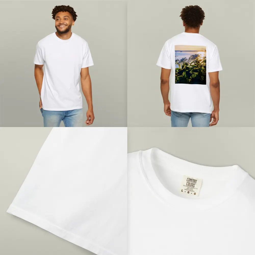 Blue Wildflowers Glowing Coastal Sunset Scene – T-Shirts