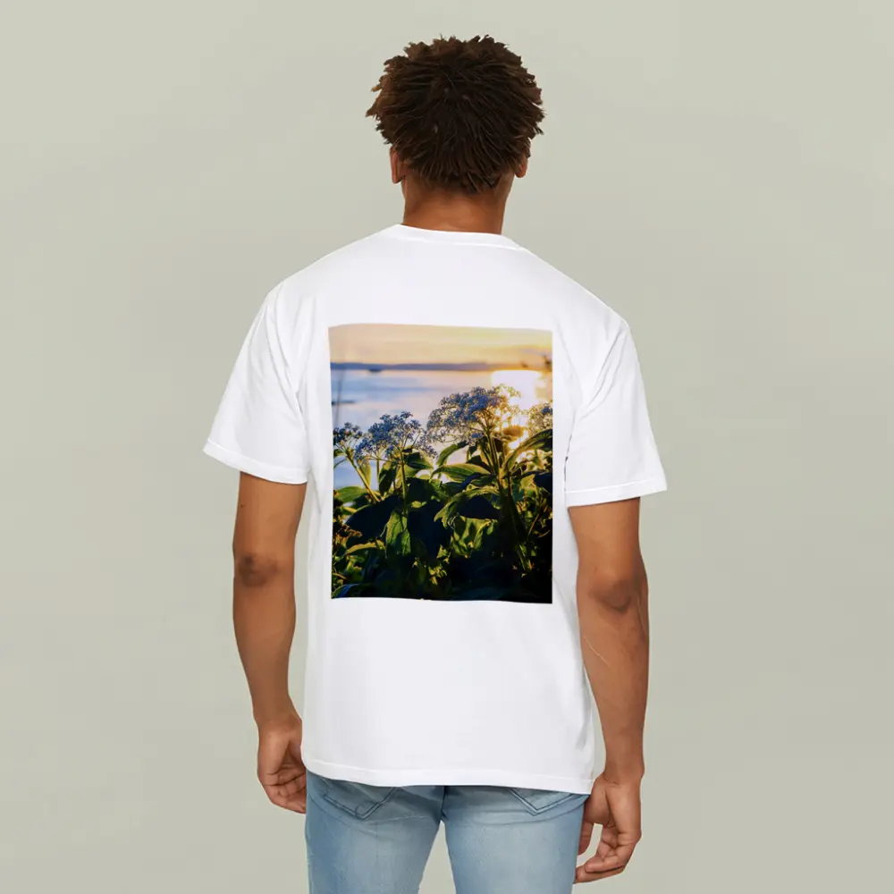 Blue Wildflowers Glowing Coastal Sunset Scene – T-Shirts