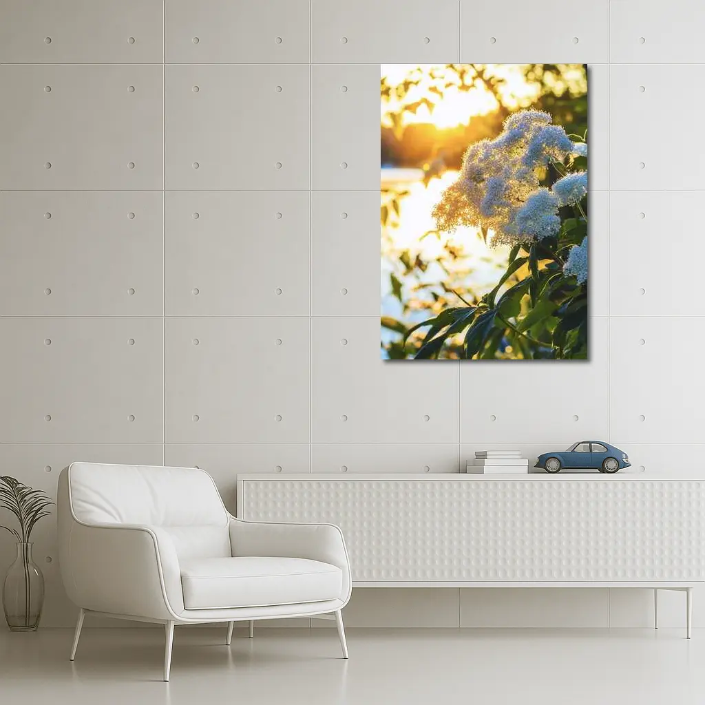 White Hydrangea Flowers Golden Sunset Light – Wall Art