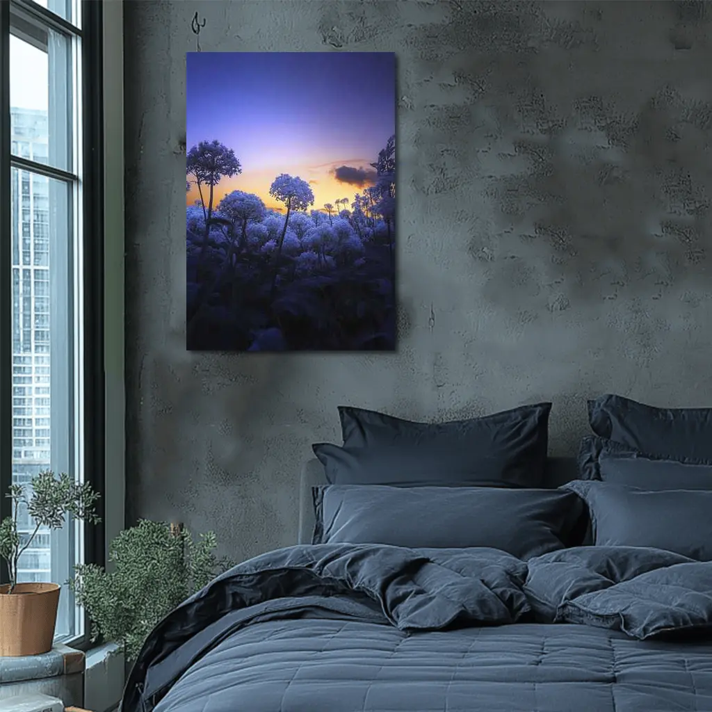 Blue Flowers Glowing Against Sunset Sky – Wall Art