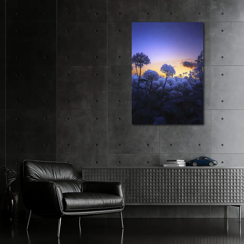 Blue Flowers Glowing Against Sunset Sky – Wall Art