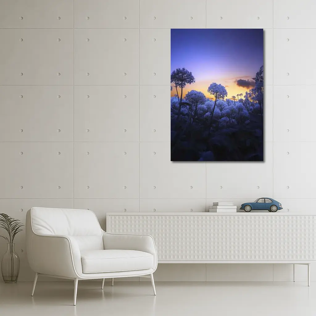 Blue Flowers Glowing Against Sunset Sky – Wall Art
