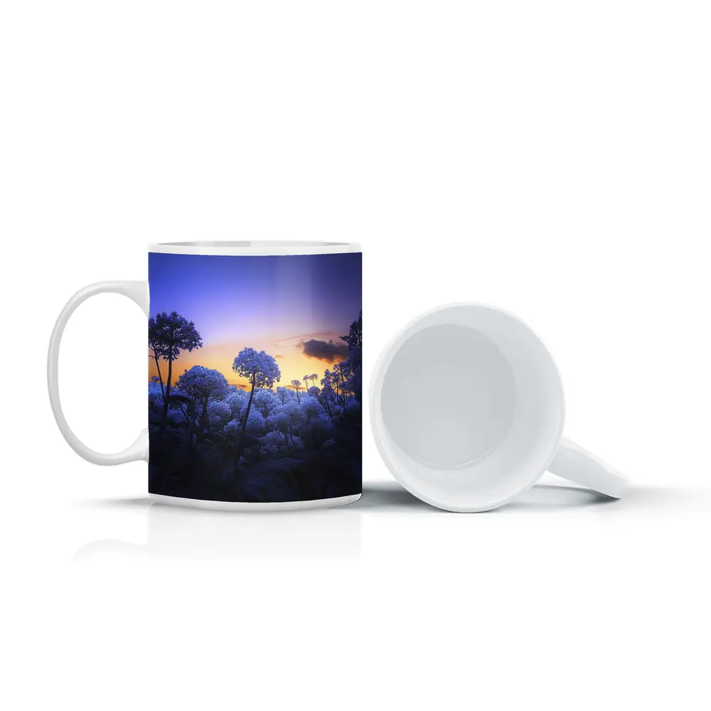 Blue Flowers Glowing Against Sunset Sky – Mugs
