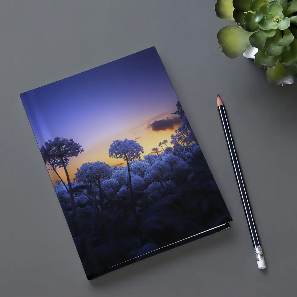 Blue Flowers Glowing Against Sunset Sky – Notebooks