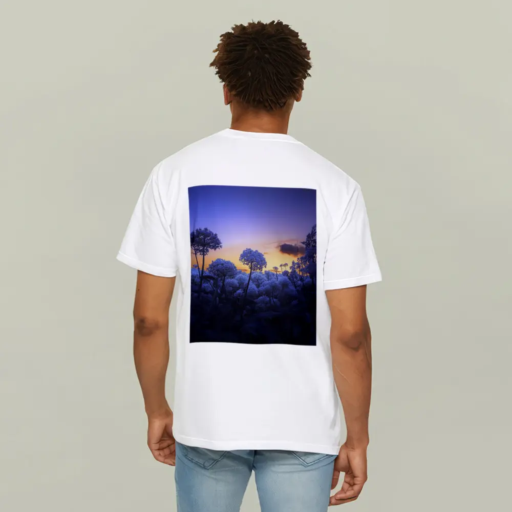 Blue Flowers Glowing Against Sunset Sky – T-Shirts