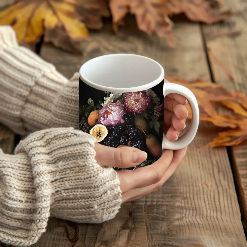 Dark Floral Still Life Fruit Botanical Art – Mugs