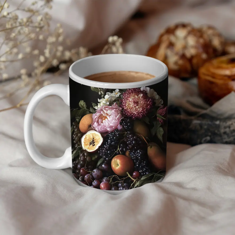 Dark Floral Still Life Fruit Botanical Art – Mugs