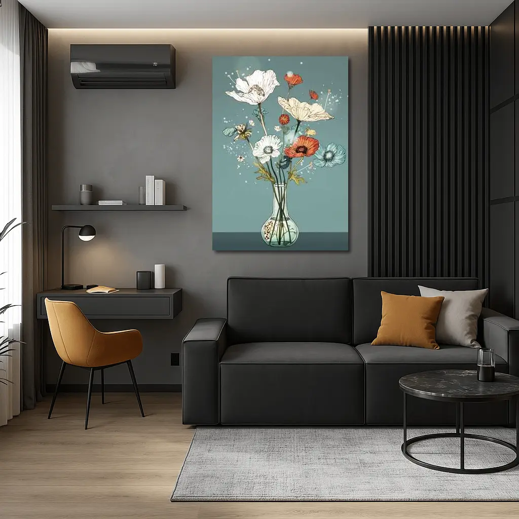 Poppy Bouquet In Glass Vase Teal – Wall Art