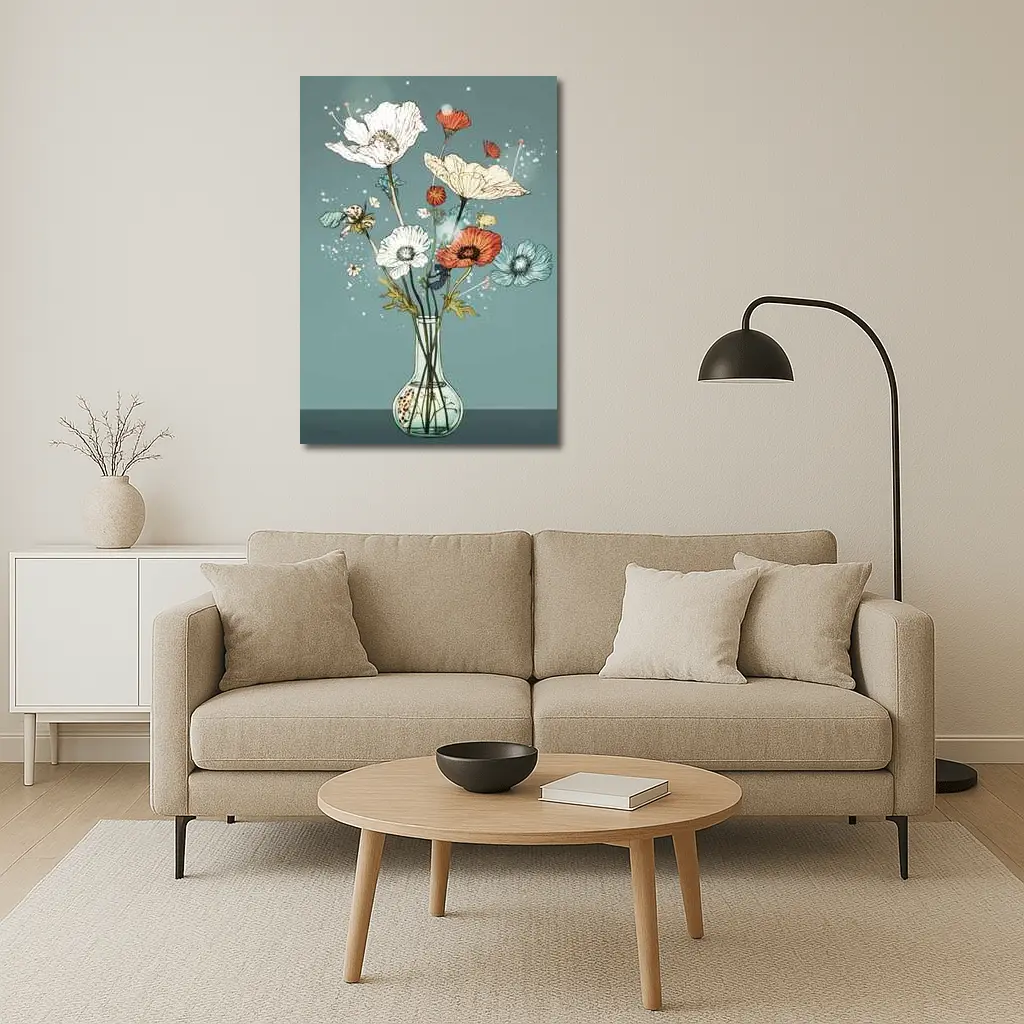 Poppy Bouquet In Glass Vase Teal – Wall Art