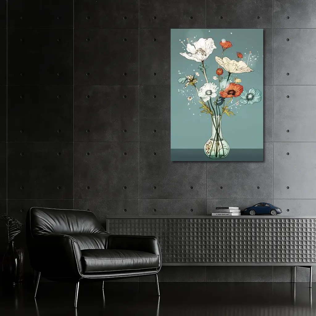 Poppy Bouquet In Glass Vase Teal – Wall Art