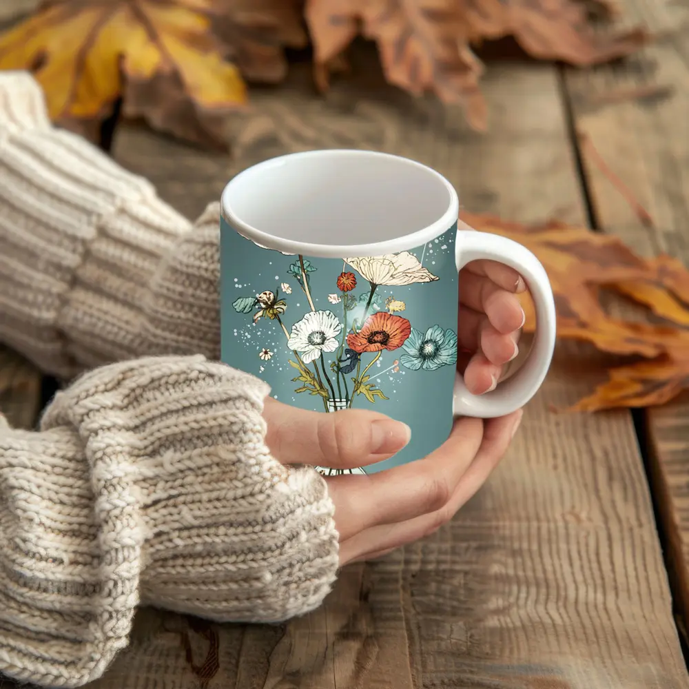 Poppy Bouquet In Glass Vase Teal – Mugs