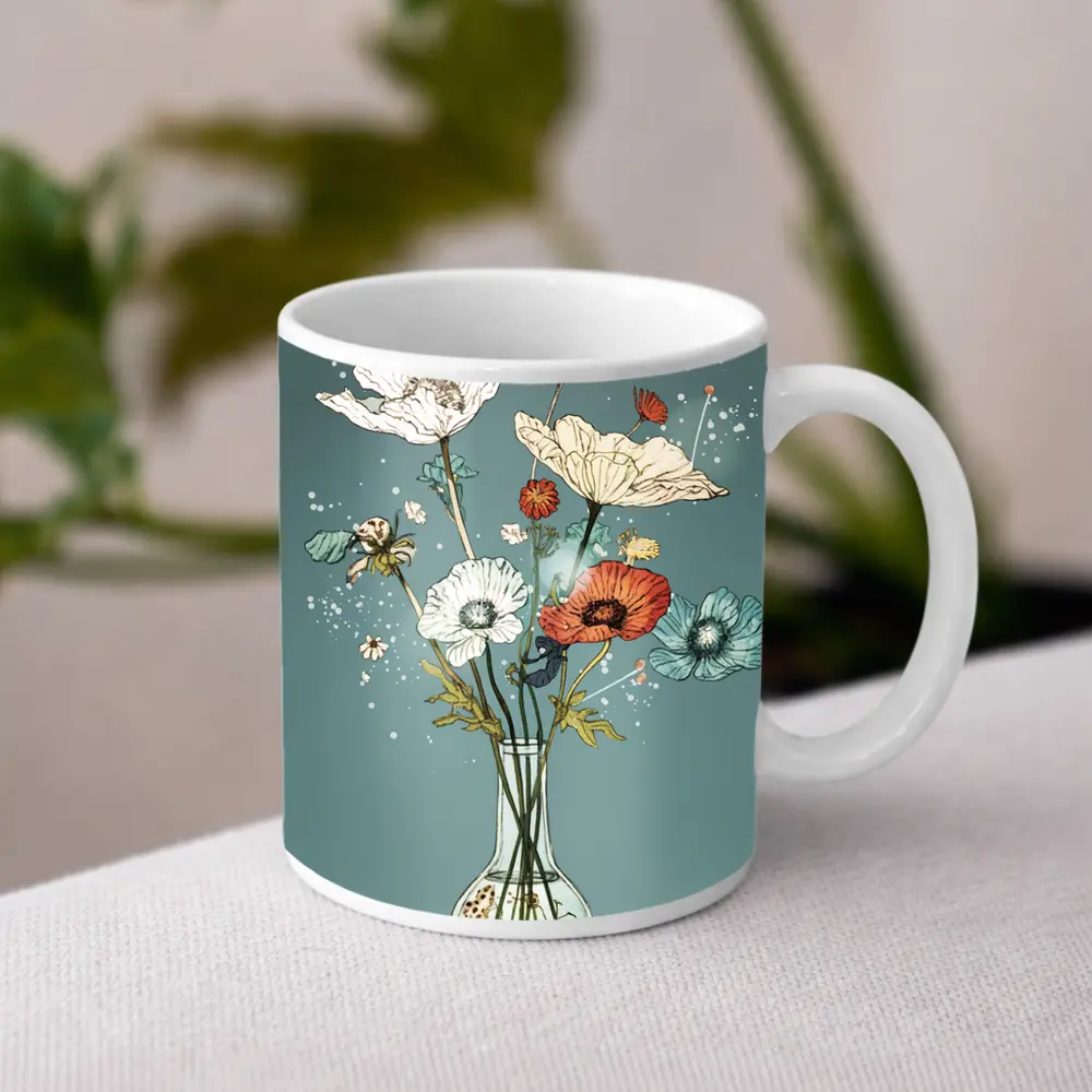 Poppy Bouquet In Glass Vase Teal – Mugs