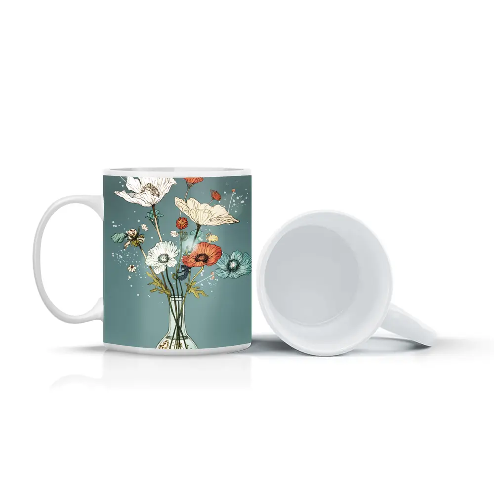 Poppy Bouquet In Glass Vase Teal – Mugs