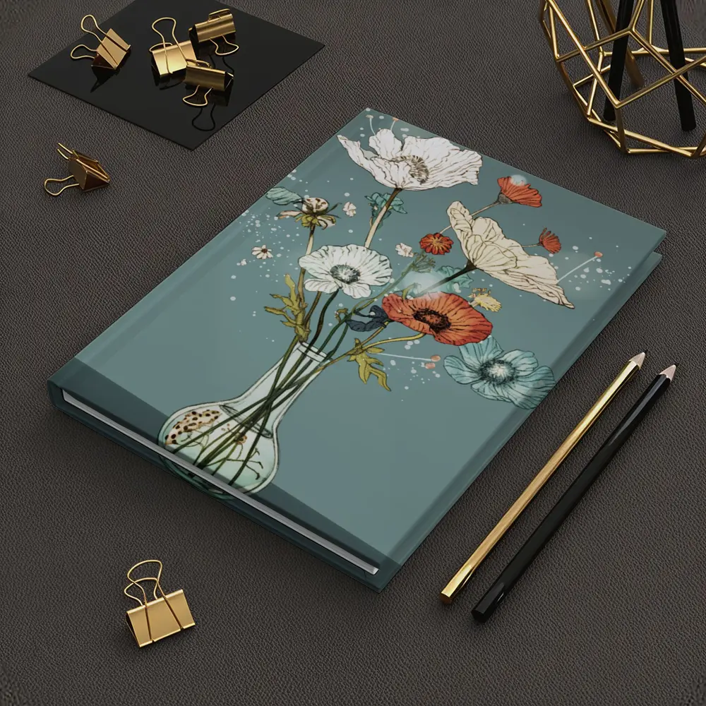 Poppy Bouquet In Glass Vase Teal – Notebooks