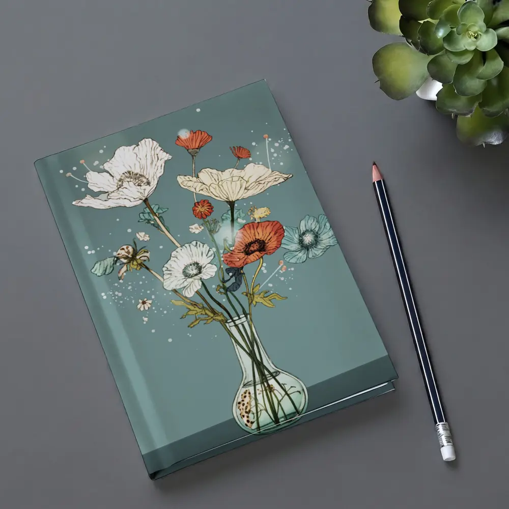 Poppy Bouquet In Glass Vase Teal – Notebooks