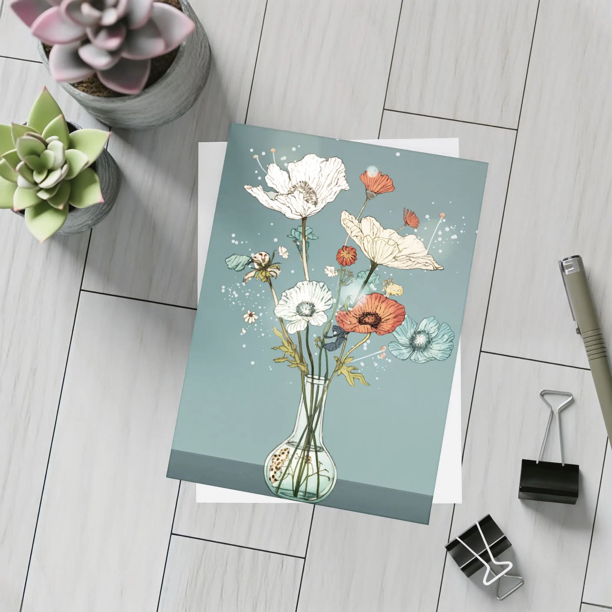 Poppy Bouquet In Glass Vase Teal – Postcards