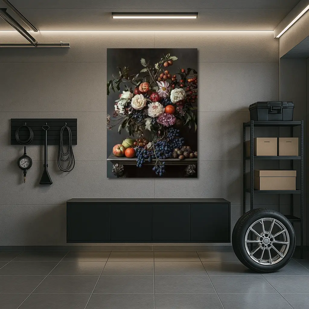 Dark Floral Still Life With Fruit – Wall Art