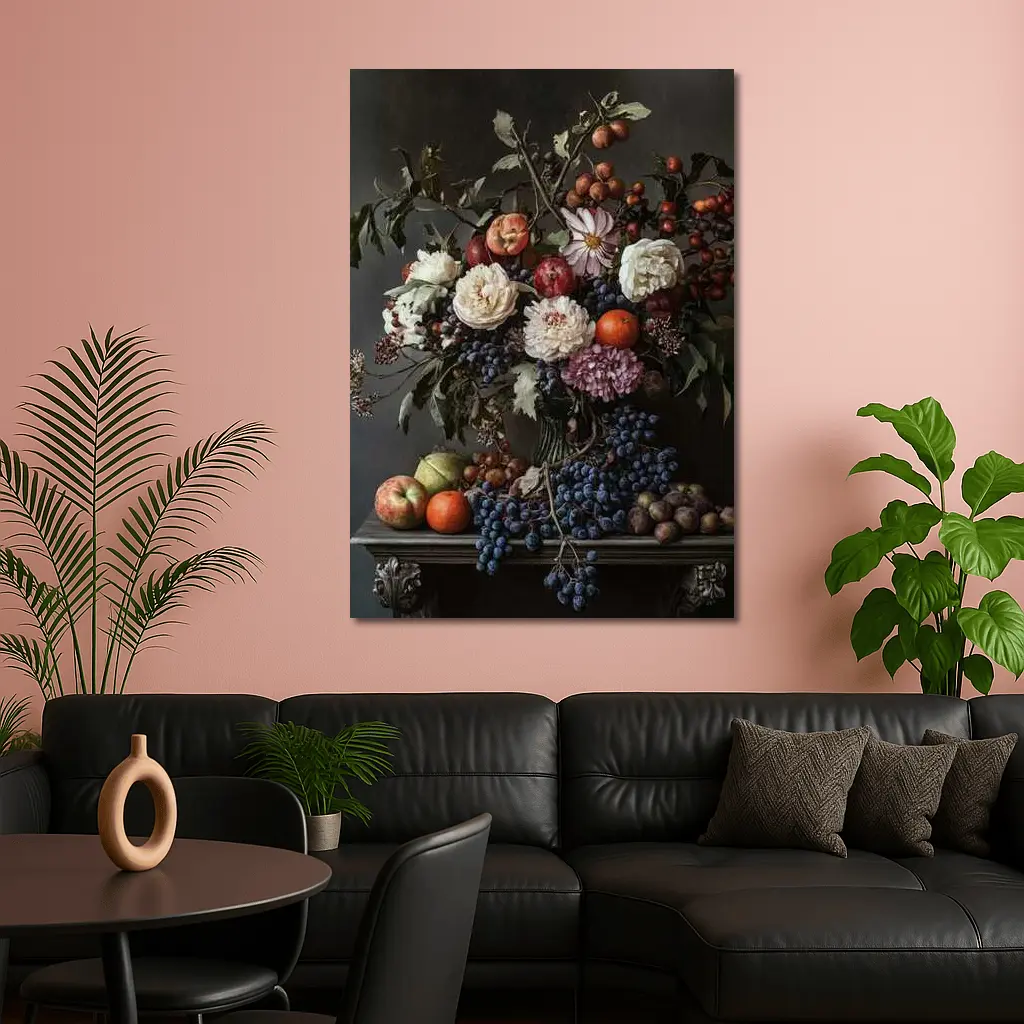 Dark Floral Still Life With Fruit – Wall Art