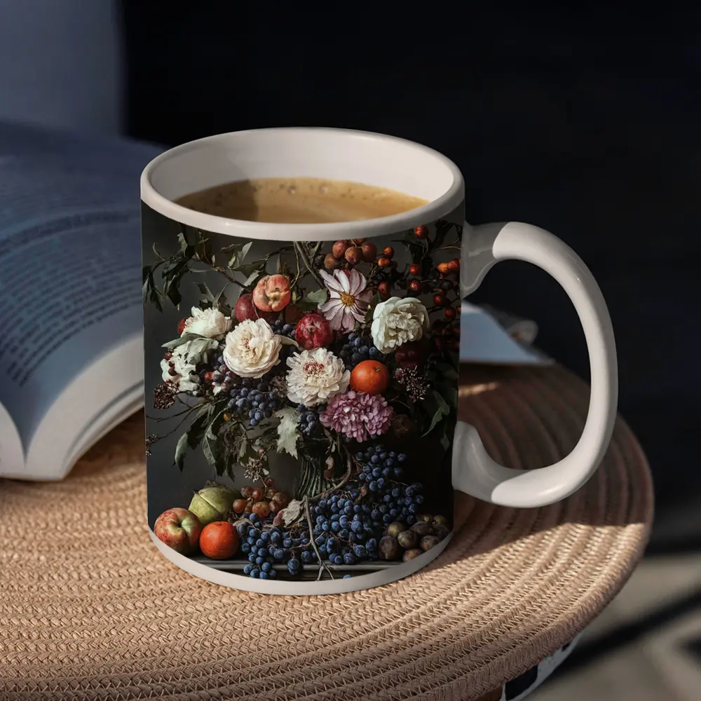 Dark Floral Still Life With Fruit – Mugs