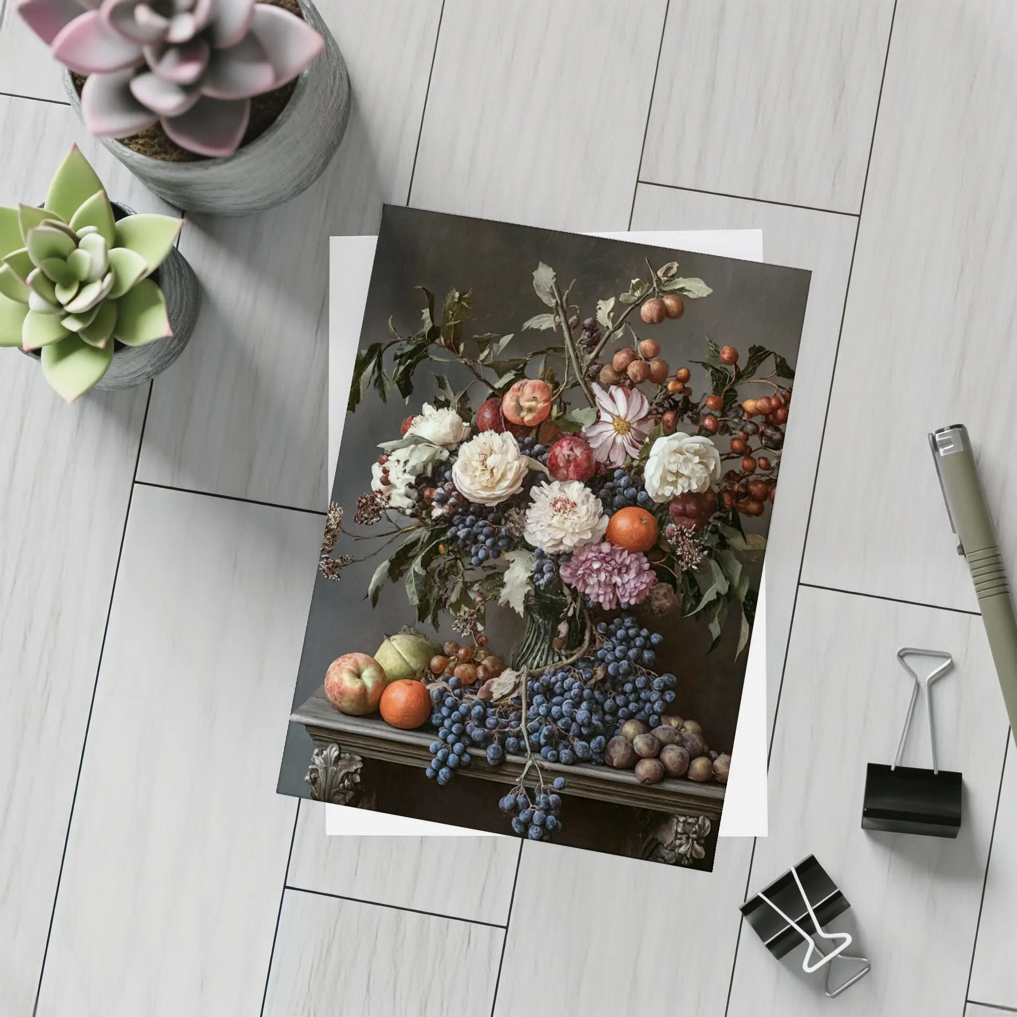 Dark Floral Still Life With Fruit – Postcards