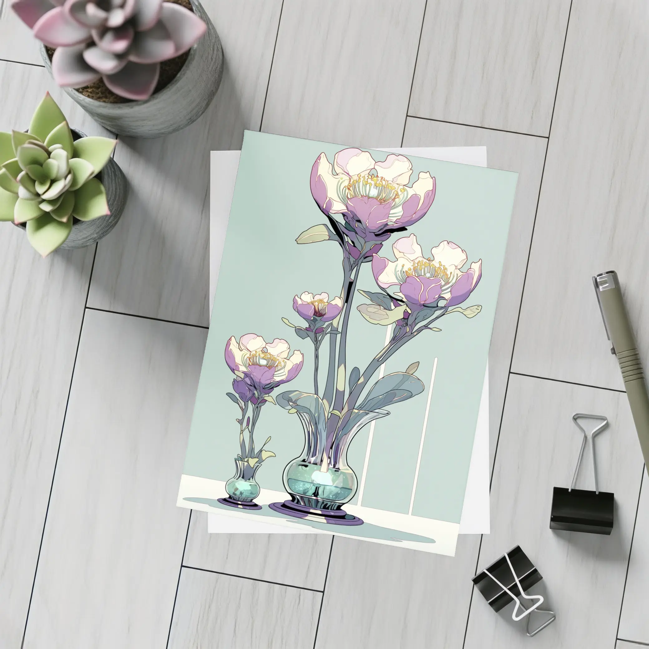 Art Nouveau Peonies In Glass Vases Illustration – Postcards