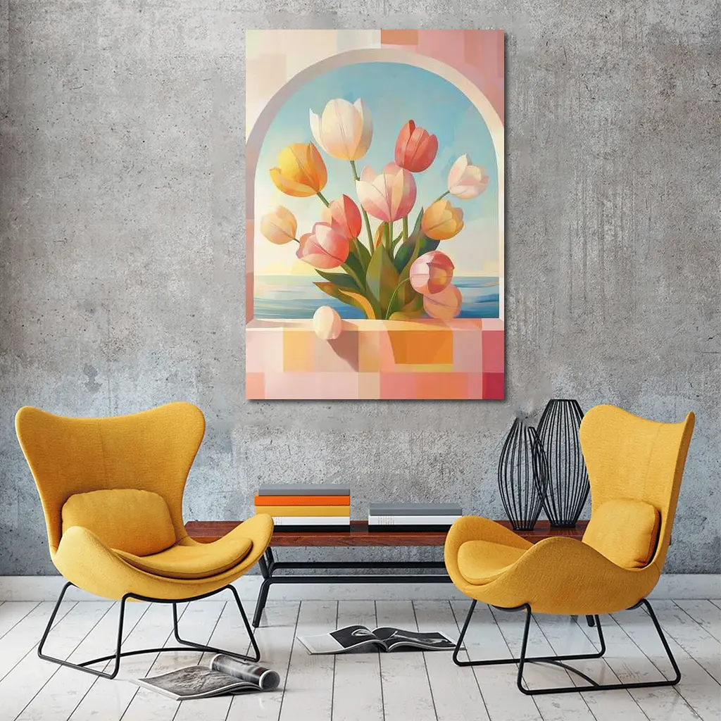 Tulips Bouquet Arched Window Ocean View – Wall Art