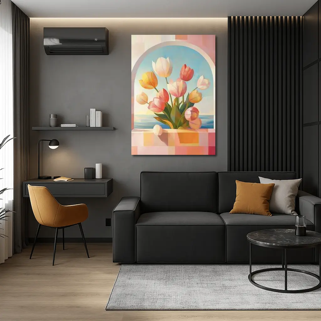 Tulips Bouquet Arched Window Ocean View – Wall Art