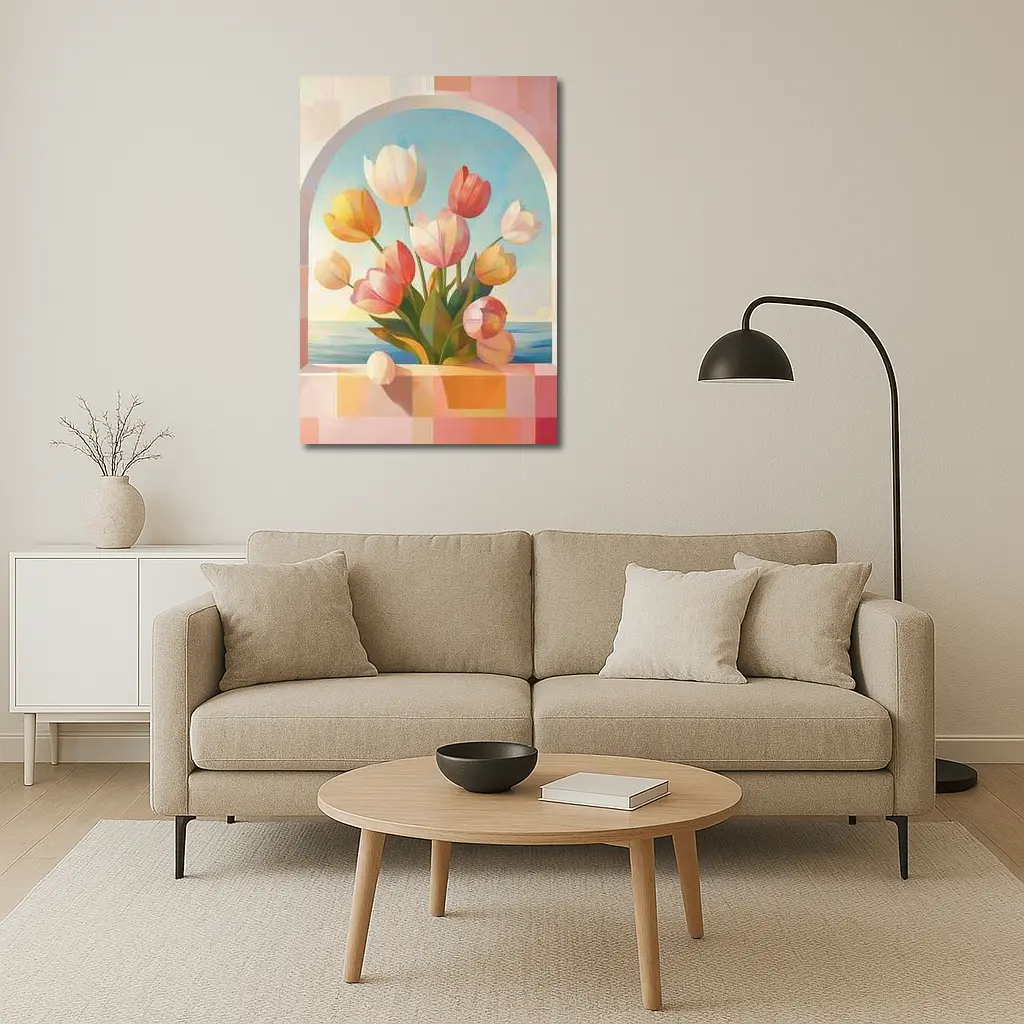 Tulips Bouquet Arched Window Ocean View – Wall Art