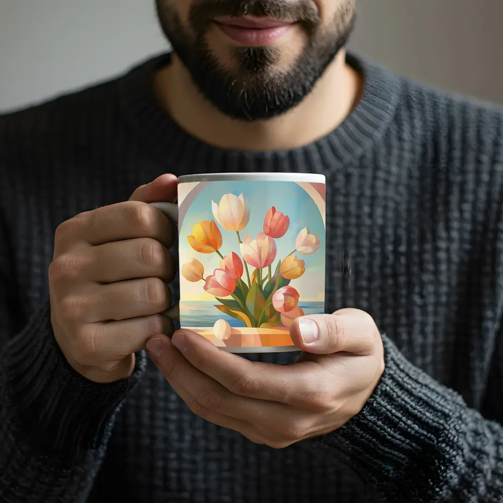 Tulips Bouquet Arched Window Ocean View – Mugs