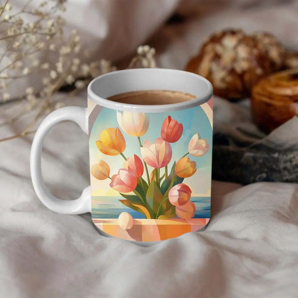 Tulips Bouquet Arched Window Ocean View – Mugs