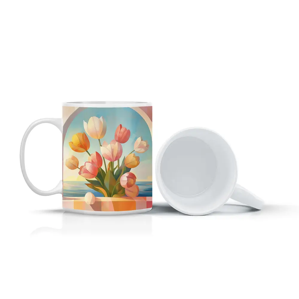 Tulips Bouquet Arched Window Ocean View – Mugs