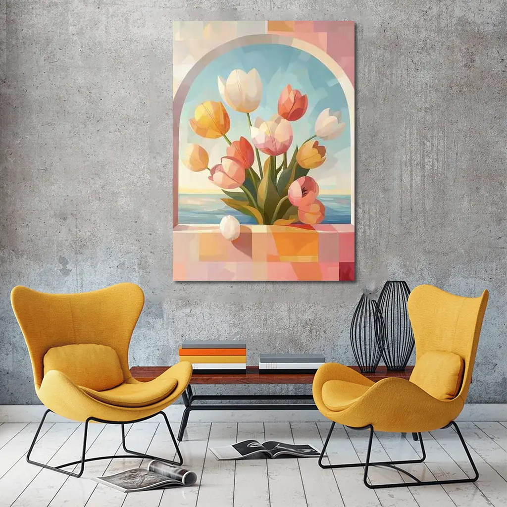 Tulips Bouquet Arched Window Ocean View – Wall Art