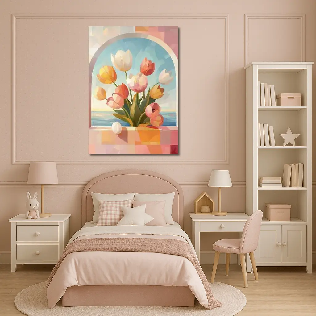 Tulips Bouquet Arched Window Ocean View – Wall Art