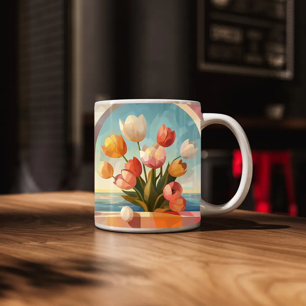 Tulips Bouquet Arched Window Ocean View – Mugs