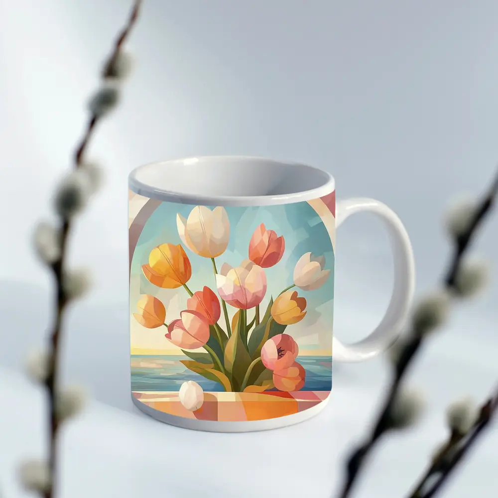 Tulips Bouquet Arched Window Ocean View – Mugs
