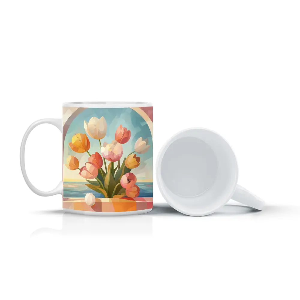 Tulips Bouquet Arched Window Ocean View – Mugs