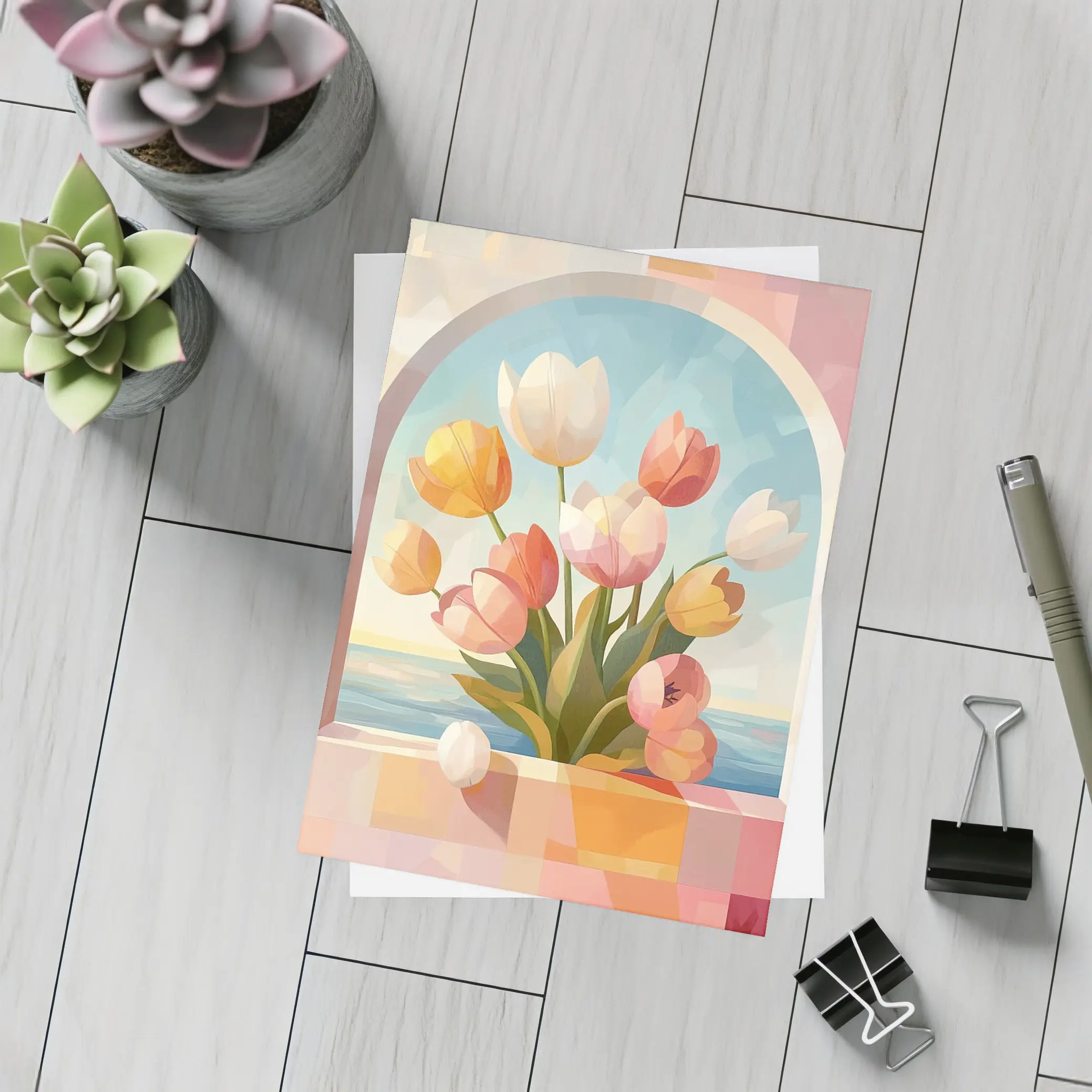 Tulips Bouquet Arched Window Ocean View – Postcards