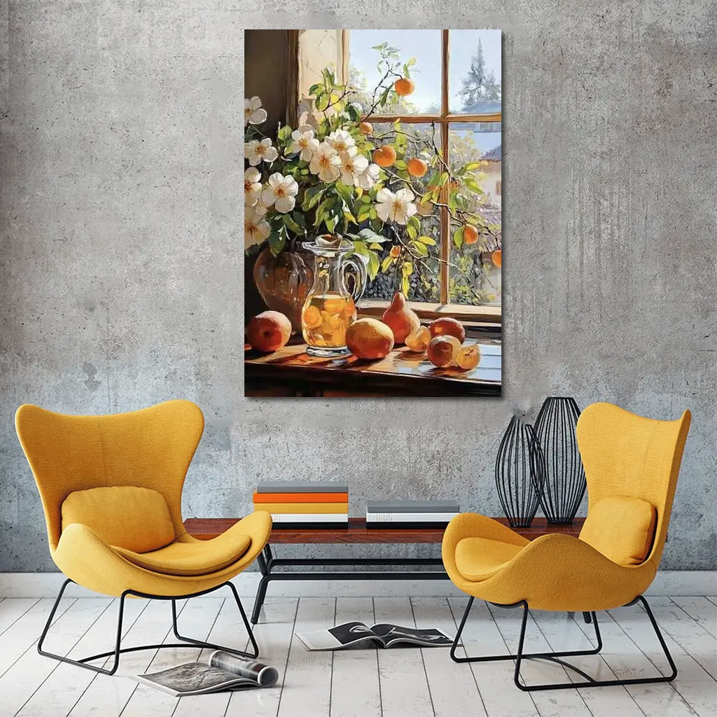 White Flowers Fruit Still Life Window – Wall Art