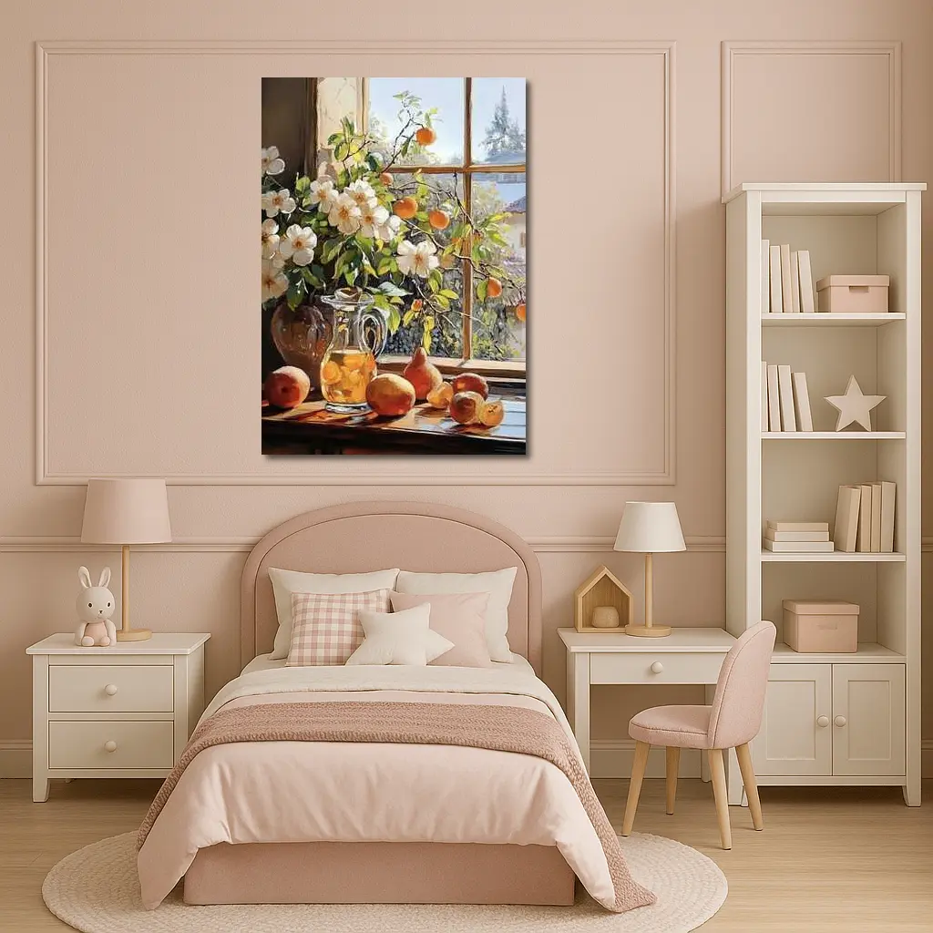 White Flowers Fruit Still Life Window – Wall Art