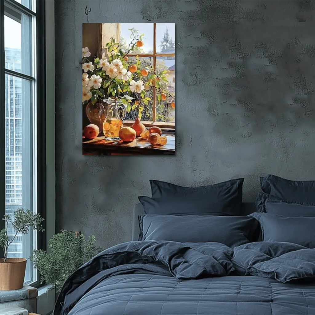 White Flowers Fruit Still Life Window – Wall Art