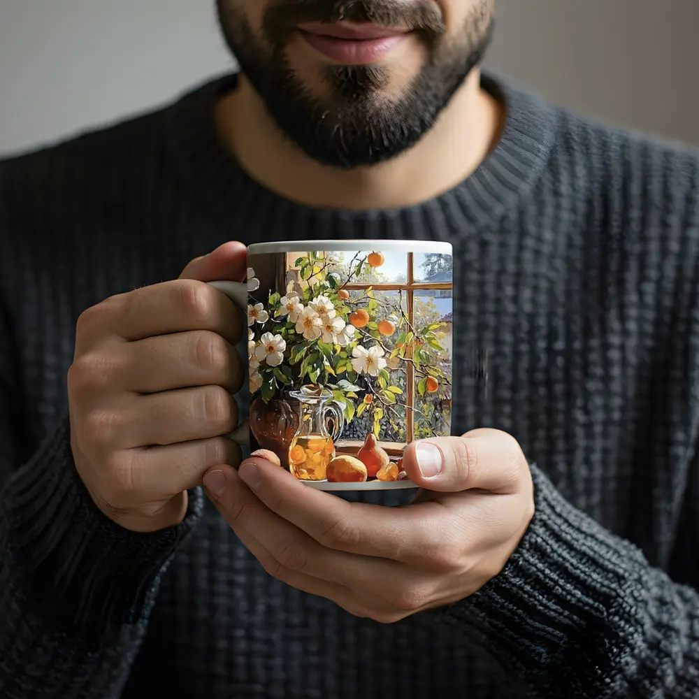 White Flowers Fruit Still Life Window – Mugs