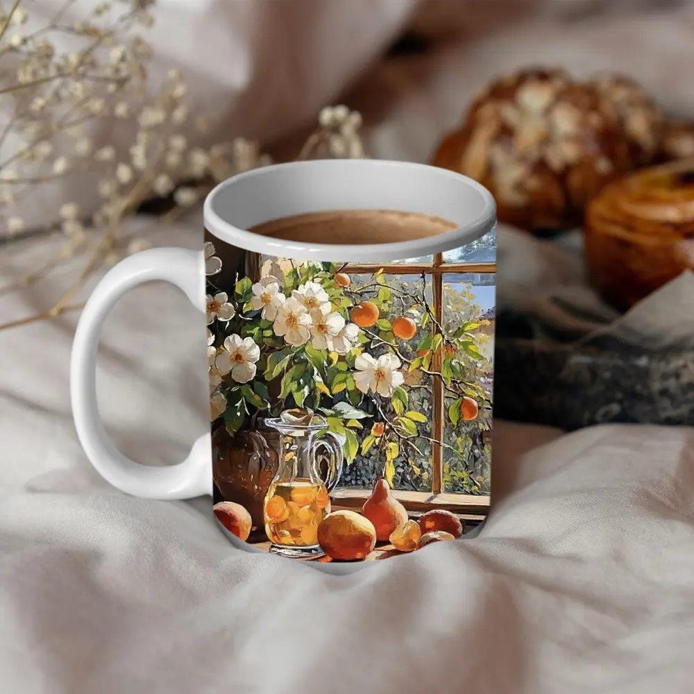 White Flowers Fruit Still Life Window – Mugs