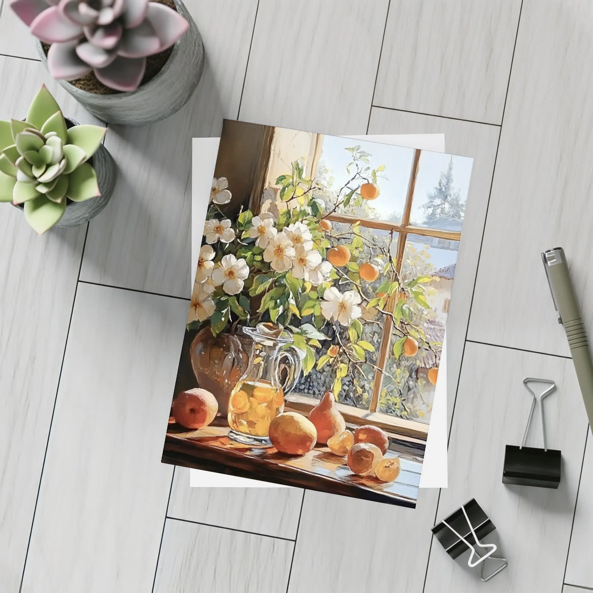 White Flowers Fruit Still Life Window – Postcards