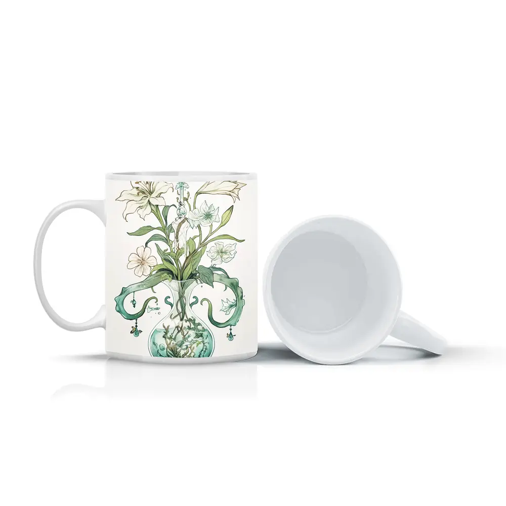 White Lily Bouquet Glass Vase Art Nouveau – Mugs