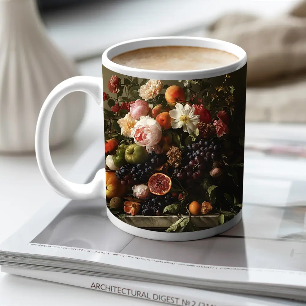 Dutch Still Life Flowers Fruit Marble Table – Mugs